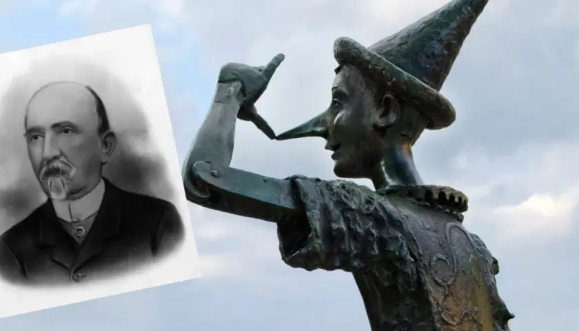 Carlo Collodi, autor książki Pinokio, na tle rzeźby drewnianego chłopca z długim nosem.