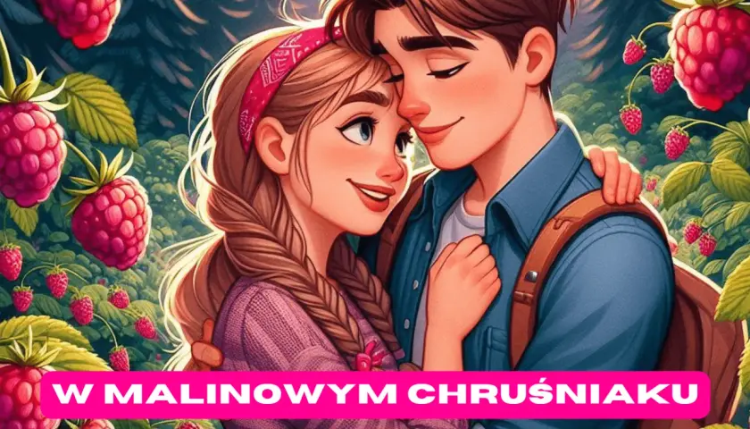 Zakochana para przytula się w malinowym chruśniaku. W tle las i mnóstwo malin.