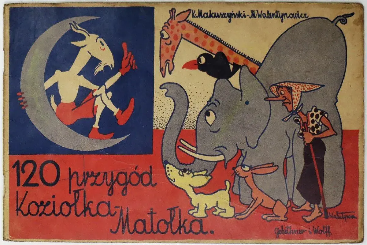 Kto jest autorem książki Koziołek Matołek? K. Makuszyński i M. Walentynowicz. Ilustracja przedstawia Koziołka na księżycu i zwierzęta.