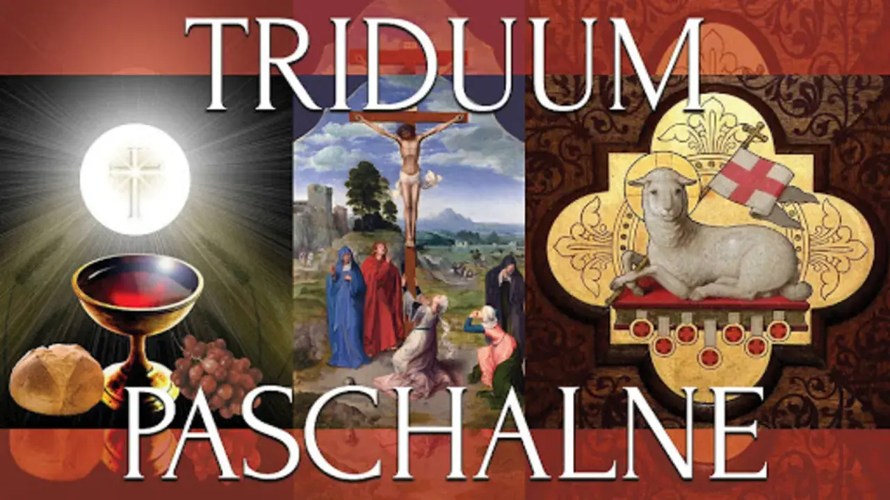 Symbole Triduum Paschalnego: Hostia, kielich, chleb, winogrona, ukrzyżowanie Jezusa, Baranek Boży.