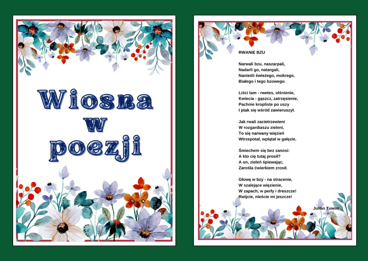 Wiosenna łąka z kwiatami i wierszem Juliana Tuwima.
