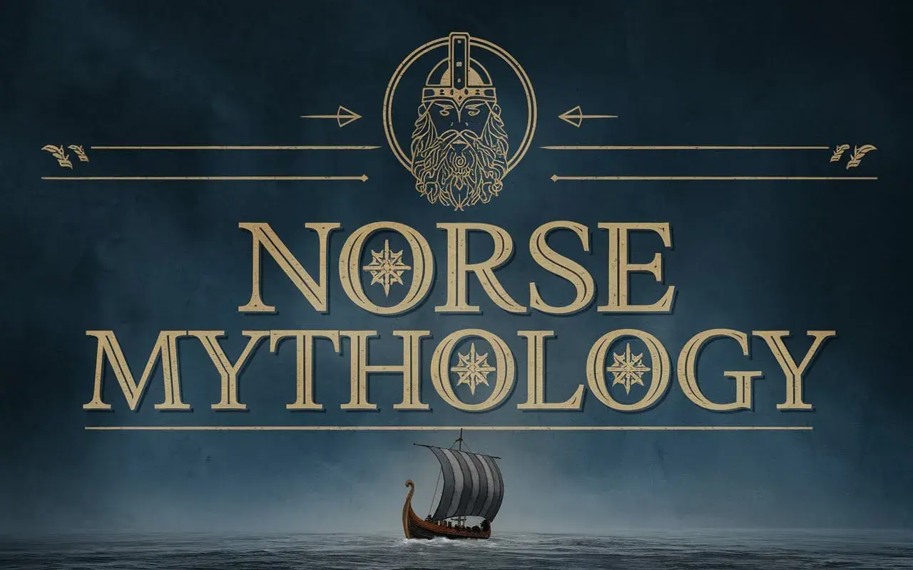 Ilustracja z wikingiem, napisem "Norse Mythology" i łodzią wikingów na morzu.