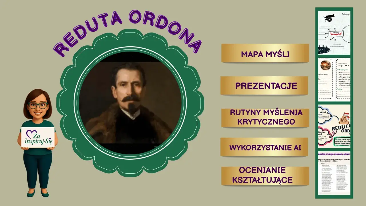 Grafika do wiersza "Reduta Ordona" z portretem bohatera, mapą myśli i elementami analizy tekstu.