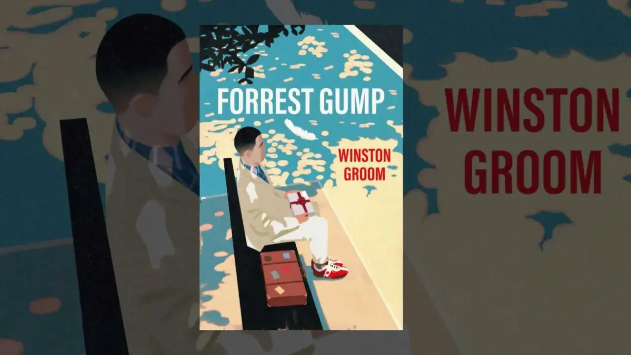Okładka książki "Forrest Gump" Winston Groom. Ilustracja przedstawia mężczyznę siedzącego z prezentem.
