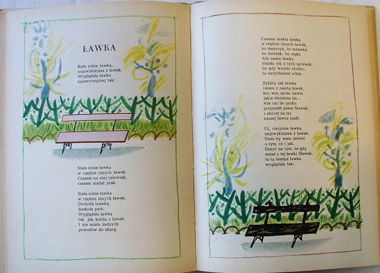 Ilustracja do wiersza Ludwika Jerzego Kerna "Ławka". Widać dwie ławki w parku, otoczone zielenią i drzewami.