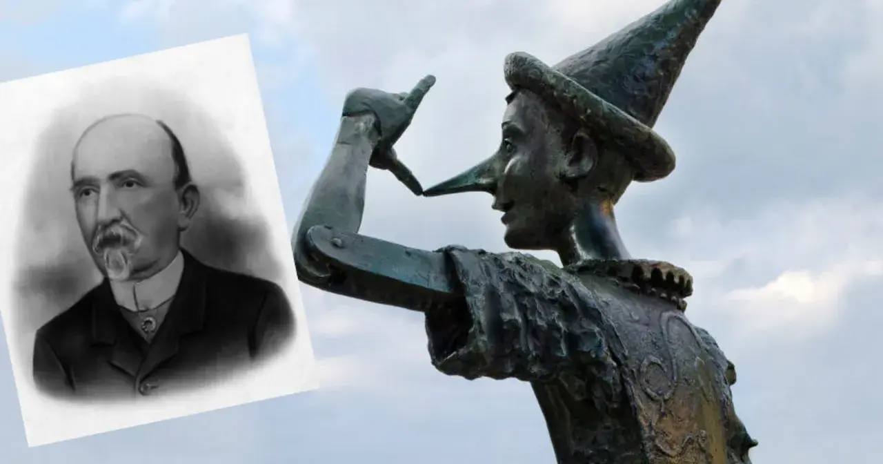 Carlo Collodi, autor książki Pinokio, na tle rzeźby drewnianego chłopca z długim nosem.