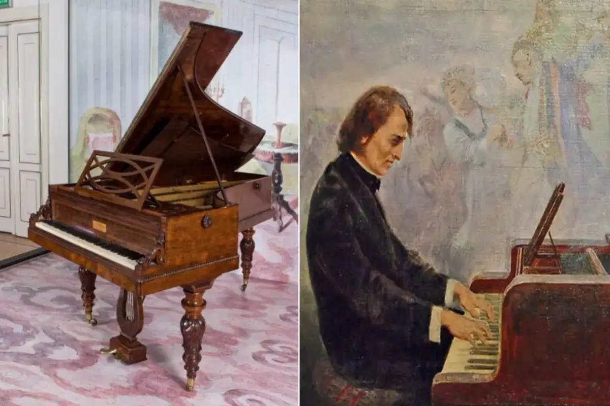 Stary fortepian Chopina, jak z wiersza, obok obrazu kompozytora przy instrumencie.