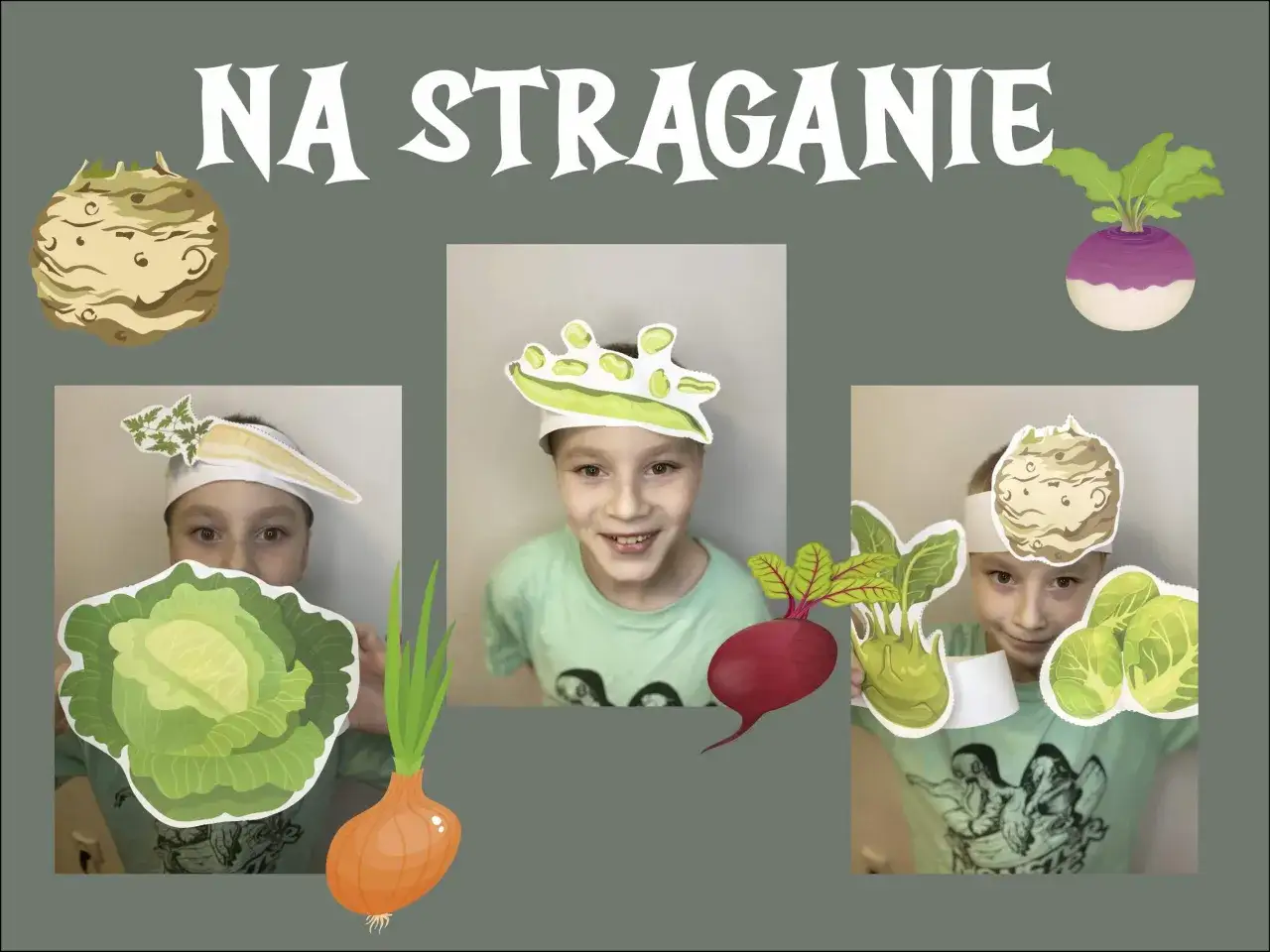 Dzieci w strojach warzywnych, jak na straganie wiersz. Widać marchewkę, kapustę, buraka, kalarepę, cebulę i brukiew.