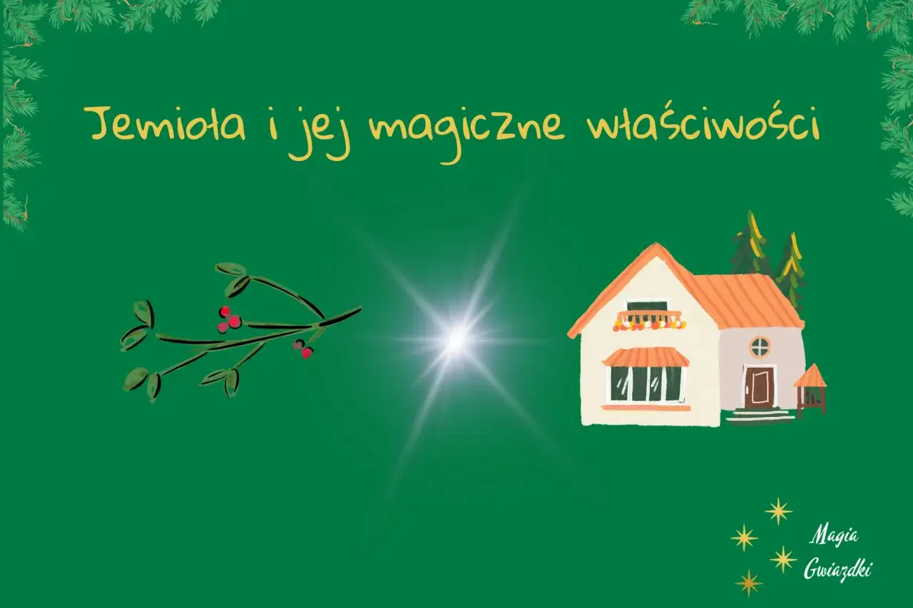 Gałązka jemioły z czerwonymi owocami i domkiem, symbolizujące, dlaczego jemioła jest symbolem świąt.