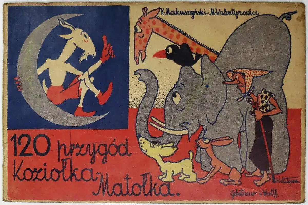 Kto jest autorem książki Koziołek Matołek? K. Makuszyński i M. Walentynowicz. Ilustracja przedstawia Koziołka na księżycu i inne zwierzęta.