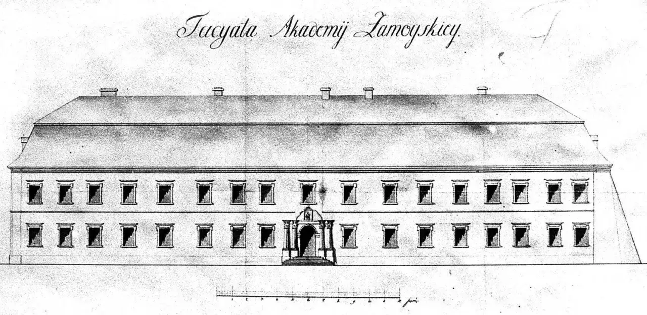 Akwarela przedstawia budynek Akademii Zamojskiej. Jakie młodzieży chowanie cytat z tego miejsca mógłby się tu znaleźć?