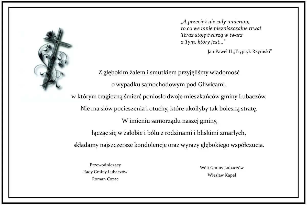 Ostatnie pożegnanie wiersz. Kondolencje dla rodzin ofiar wypadku. Cytat z Jana Pawła II.